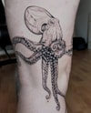 Tatouage de pieuvre avec tentacules détaillées et ventouses sur la jambe.